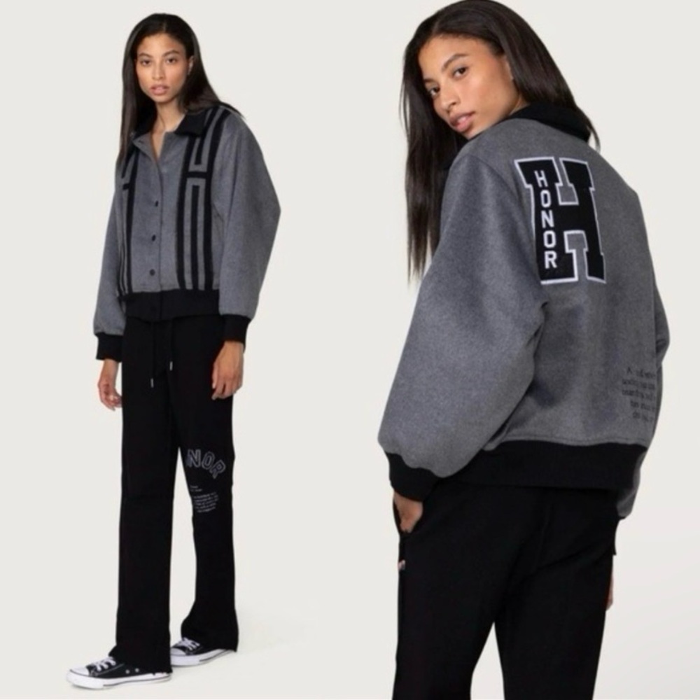 NWOT HONOR THE GIFT Prep School Varsity-Style Bomber Jacket in Grey/Black, XS